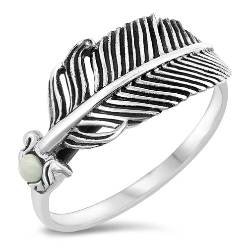 Sterling Silver oxidized Feather White Lab Opal Ring