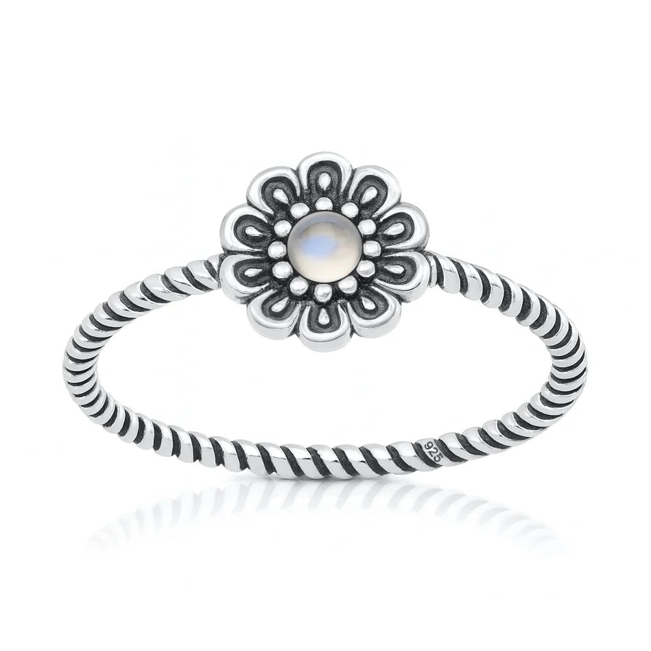 Sterling Silver Oxidized And Polished Flower Moonstone Stone Ring Face Height-9.2mm
