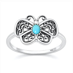 Sterling Silver Oxidized And Polished Butterfly Turquoise Stone Ring