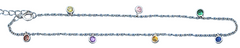 Sterling Silver Rhodium Plated Hanging Round Multi Colored CZ Anklet Length-9+1inches Extension, CZ Charm-3.7mm