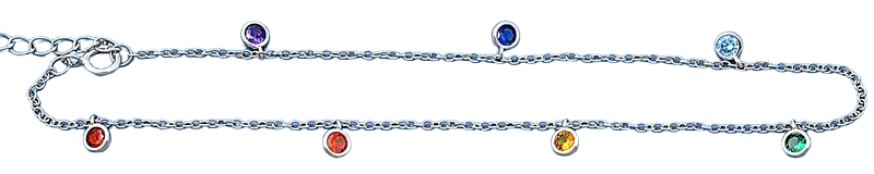 Sterling Silver Rhodium Plated Hanging Round Multi Colored CZ Anklet Length-9+1inches Extension, CZ Charm-3.7mm