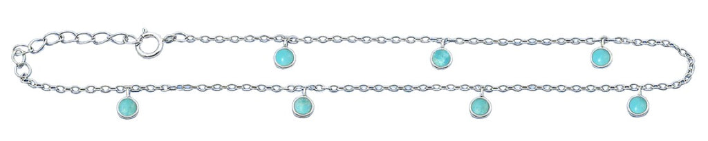 Sterling Silver Rhodium Plated Round Turquoise Stone Anklet