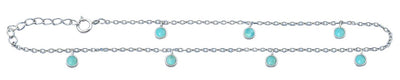 Sterling Silver Rhodium Plated Round Turquoise Stone Anklet