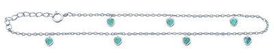 Sterling Silver Rhodium Plated Heart Genuine Turquoise Stone Anklet