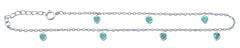 Sterling Silver Rhodium Plated Heart Genuine Turquoise Stone Anklet