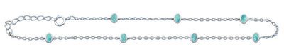 Sterling Silver Rhodium Plated Oval Turquoise Stone Anklet