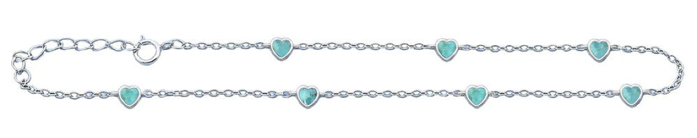Sterling Silver Rhodium Plated Heart Turquoise Stone Anklet