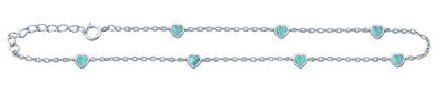 Sterling Silver Rhodium Plated Heart Turquoise Stone Anklet