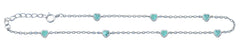 Sterling Silver Rhodium Plated Heart Turquoise Stone Anklet