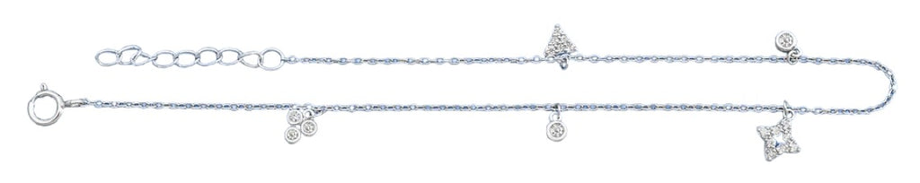 Sterling Silver Rhodium Plated CZ Charm Anklet