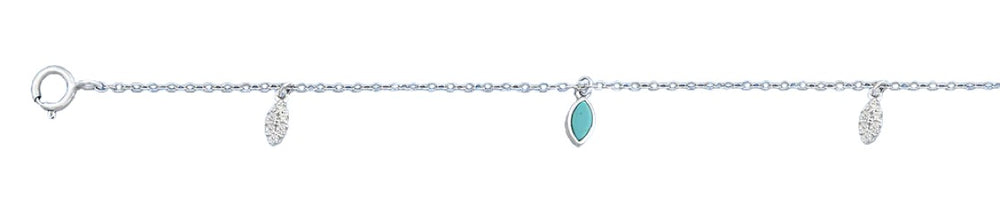Sterling Silver Rhodium Plated Turquoise And Clear CZ Anklet
