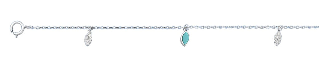 Sterling Silver Rhodium Plated Turquoise And Clear CZ Anklet