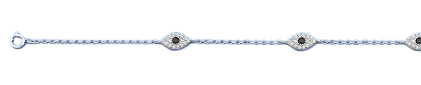 Sterling Silver Rhodium Plated Evil Eye Black And Clear CZ Anklet Length-9+1inches Extension, Charm Height-5mm-Chain Thickness-1.4mm