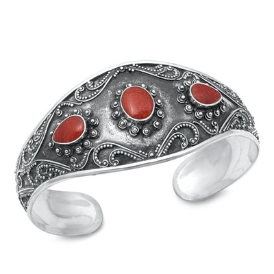 Sterling Silver Oxidized 28mm Red Carnelian Stone Bangle Bracelet