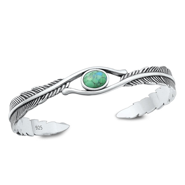Sterling Silver Oxidized Genuine Turquoise Stone Feathers Bangle Bracelet