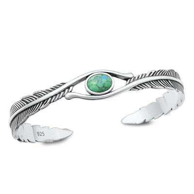 Sterling Silver Oxidized Genuine Turquoise Stone Feathers Bangle Bracelet