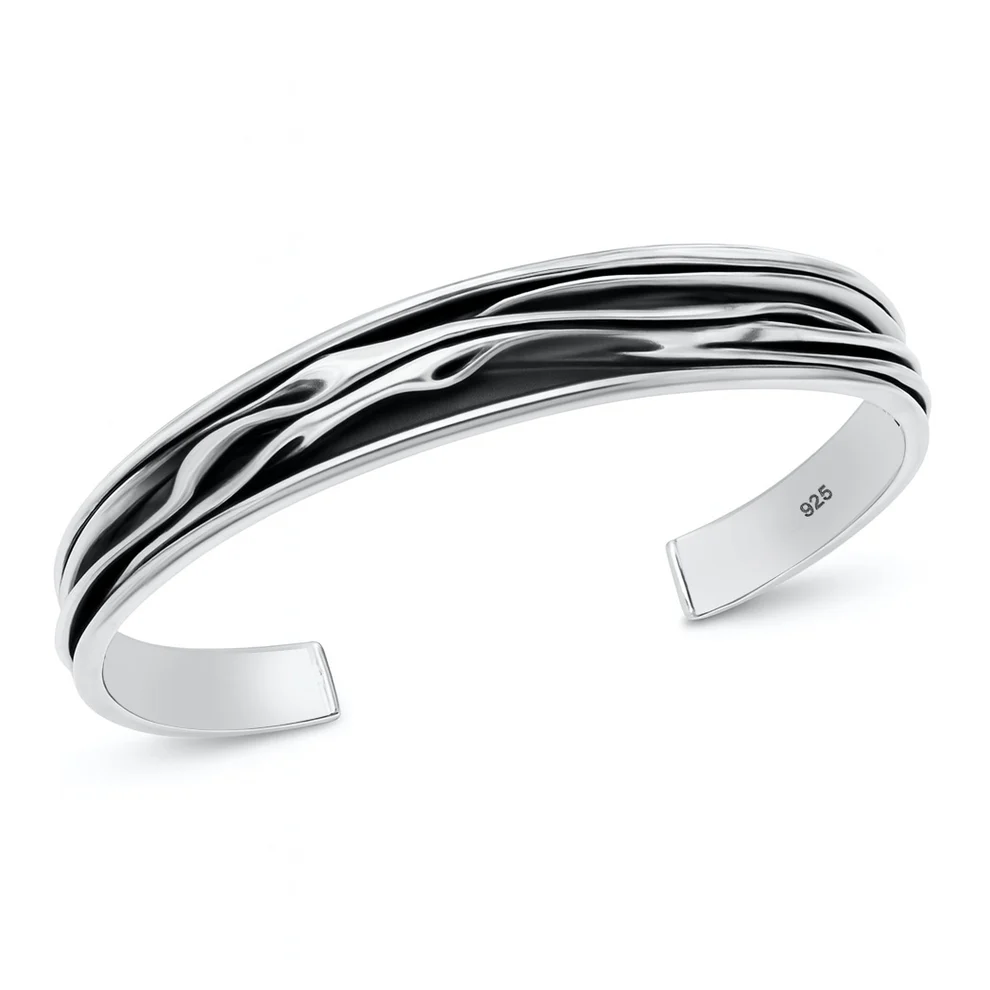 Sterling Silver Oxidized And Polished Wave Bangle