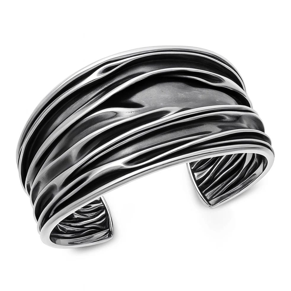 Sterling Silver Oxidized And Polished Wave Cuff Bracelet
