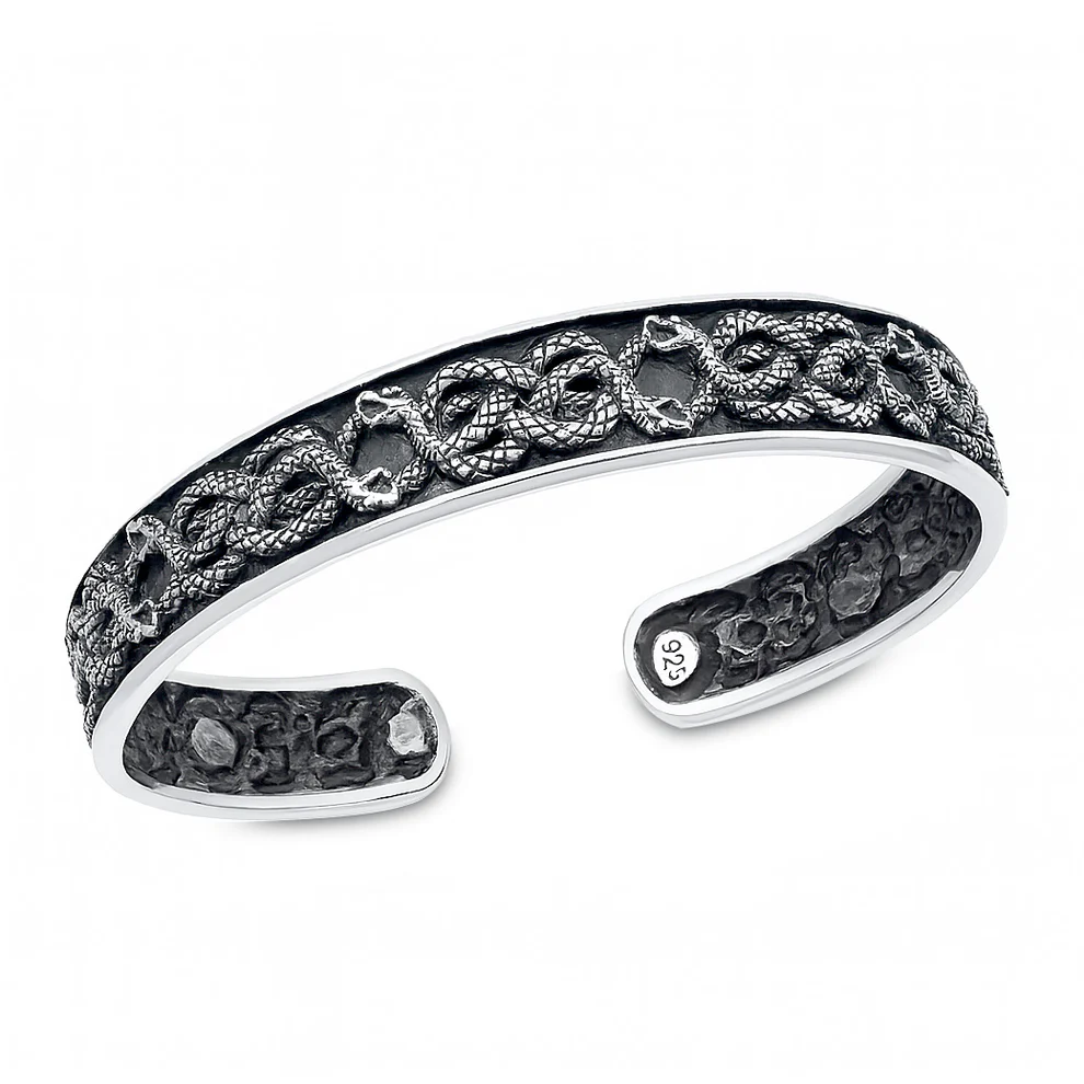 Sterling Silver Oxidized And Polished Snakes Cuff Bracelet