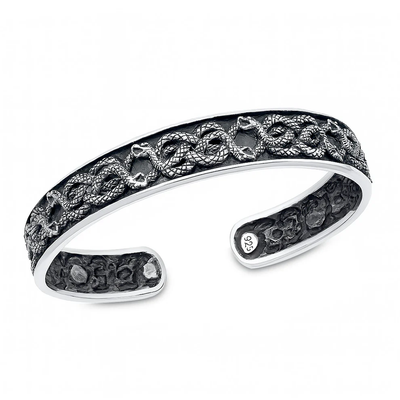 Sterling Silver Oxidized And Polished Snakes Cuff Bracelet