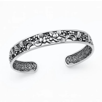 Sterling Silver Oxidized And Polished Floral Cuff Bracelet