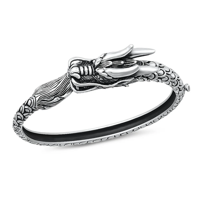 Sterling Silver Oxidized And Polished Dragon Bangle Bracelet