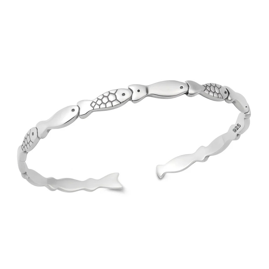 Sterling Silver Oxidized And Polished Fish Cuff Bracelet