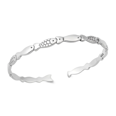 Sterling Silver Oxidized And Polished Fish Cuff Bracelet