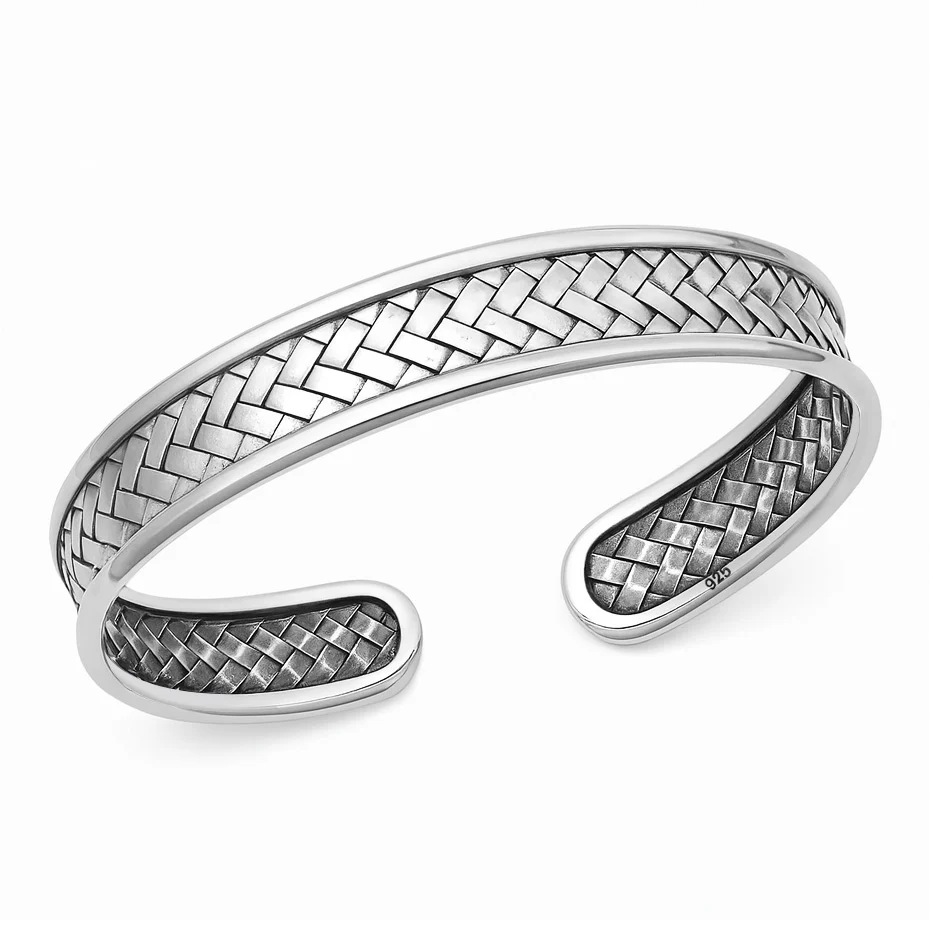 Sterling Silver Oxidized And Polished Woven Basketwave Cuff Bangle