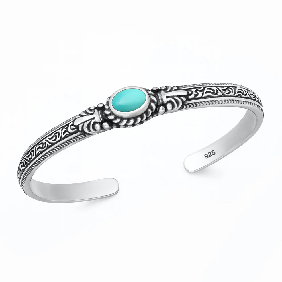 Sterling Silver Oxidized And Polished Stone Cuff Bracelet