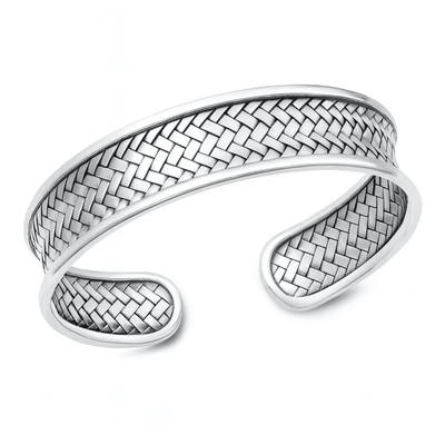 Sterling Silver Oxidized And Polished Woven Basket Weave Cuff Bangle