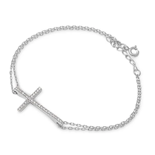 Load image into Gallery viewer, Sterling Silver Rhodium Plated Clear CZ Sideway Cross Bracelet