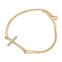 Load image into Gallery viewer, Sterling Silver Gold Plated Clear CZ Sideway Cross Bracelet