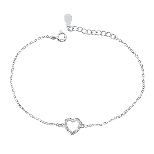 Sterling Silver Rhodium Plated Clear CZ Heart Bracelet