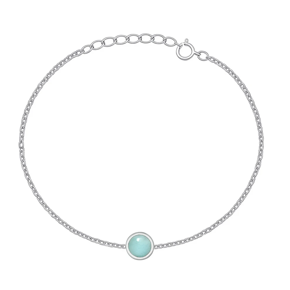 Sterling Silver Rhodium Plated Round Larimar CZ Solitaire Bracelet