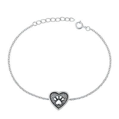 Sterling Silver Rhodium Plated And Oxidized Paw Print And Heart Bracelet