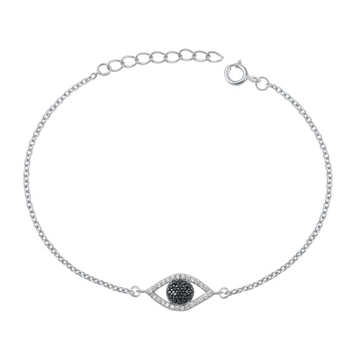 Sterling Silver Rhodium Plated Black CZ and Clear CZ Evil Eye Bracelet