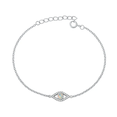Sterling Silver Rhodium Plated Evil Eye White Lab Opal And Clear CZ Bracelet