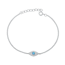 Load image into Gallery viewer, Sterling Silver Rhodium Plated Evil Eye Clear CZ And Blue Lab Opal Bracelet