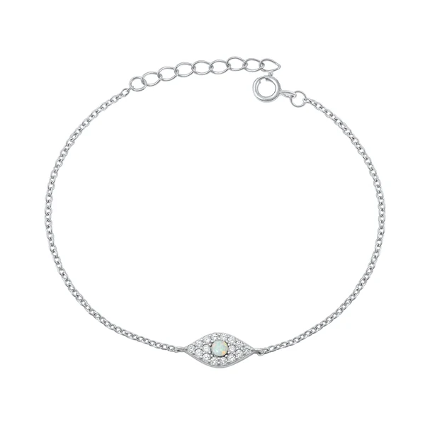 Sterling Silver Rhodium Plated Evil Eye Clear CZ And White Lab Opal Bracelet