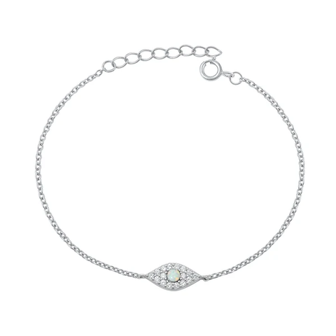 Sterling Silver Rhodium Plated Evil Eye Clear CZ And White Lab Opal Bracelet