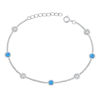 Sterling Silver Rhodium Plated Station Round Clear CZ And Blue Lab Opal Bracelet