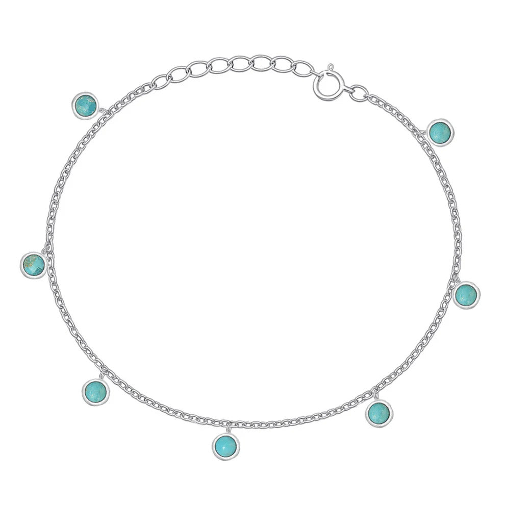 Sterling Silver Rhodium Plated Turquoise Stone Charms Bracelet