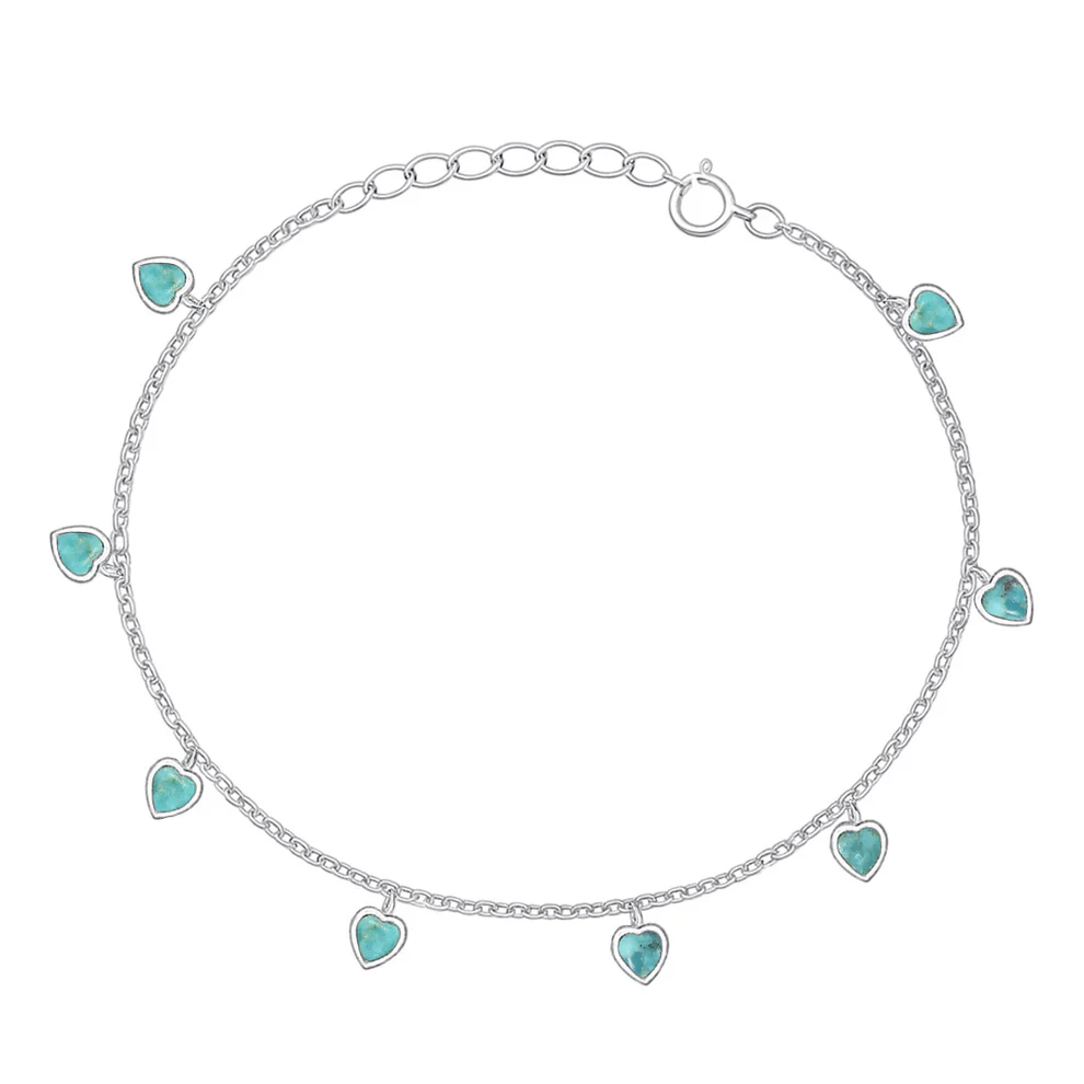 Sterling Silver Rhodium Plated Turquoise Heart Charms Stone Barcelet