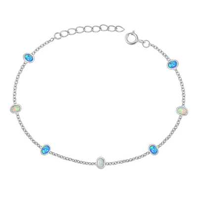 Sterling Silver Rhodium Plated Oval Blue And White Lab Opal Bracelet