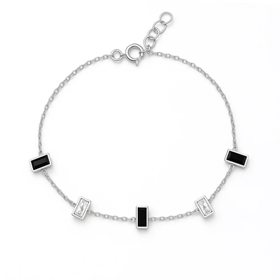 Sterling Silver Rhodium Plated Black And Clear CZ Rectangle Bracelet