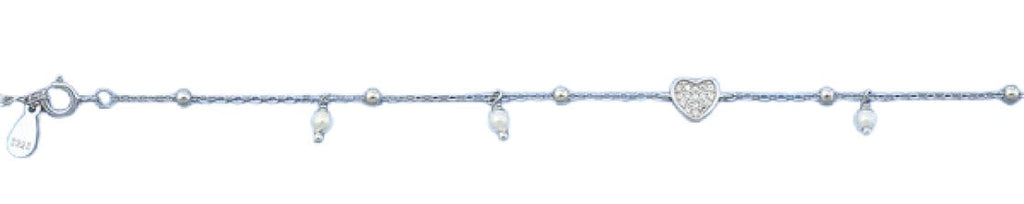 Sterling Silver Rhodium Plated Clear CZ Heart And Genuine Pearls Bracelet