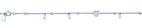 Sterling Silver Rhodium Plated Clear CZ Heart And Genuine Pearls Bracelet
