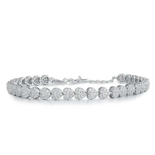 Sterling Silver Rhodium Plated Hearts Clear CZ Bracelet