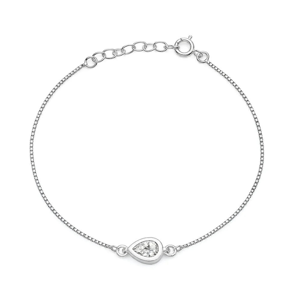 Sterling Silver Rhodium Plated Clear CZ Teardrop Bracelet